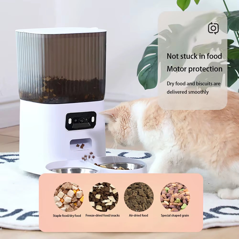 5L Smart Automatic Cat Feeder with Dual Bowls and Integrated Camera, Voice Recorder, and Video Dispensing for Cats and Dogs